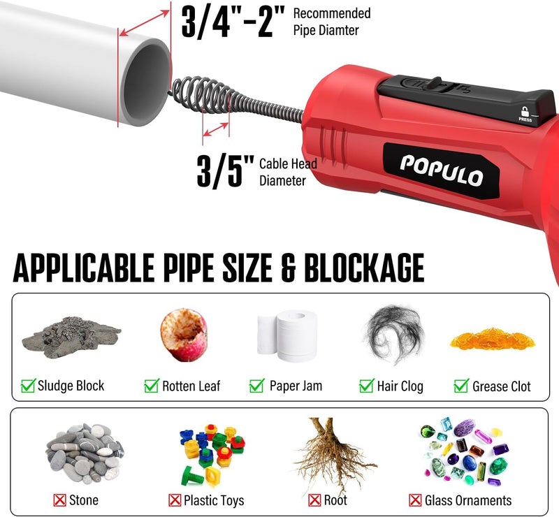 populo Auto-Feed 17FT Drain Snake Auger, Plumbing Snake Drain Auger with Drill Adapter, Sink Snake Drain Hair Remover for Kitchen, Bathroom and Shower Sink, PMDA-5 - Image 4